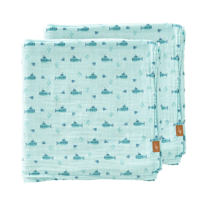Mussolina Fresk in cotone bio 120x120 cm  - Sottomarini azzurro